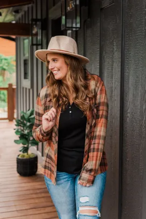 Fall Is Brewing Button Down Plaid Top- Rust & Taupe