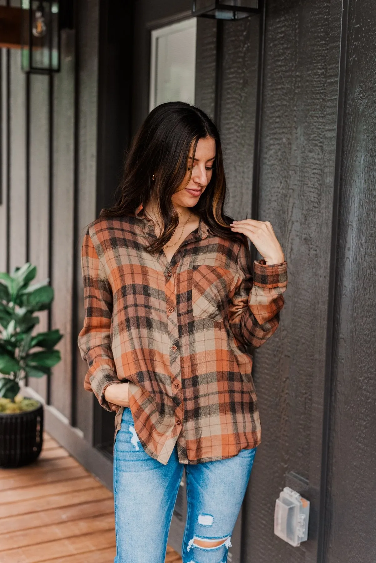 Fall Is Brewing Button Down Plaid Top- Rust & Taupe