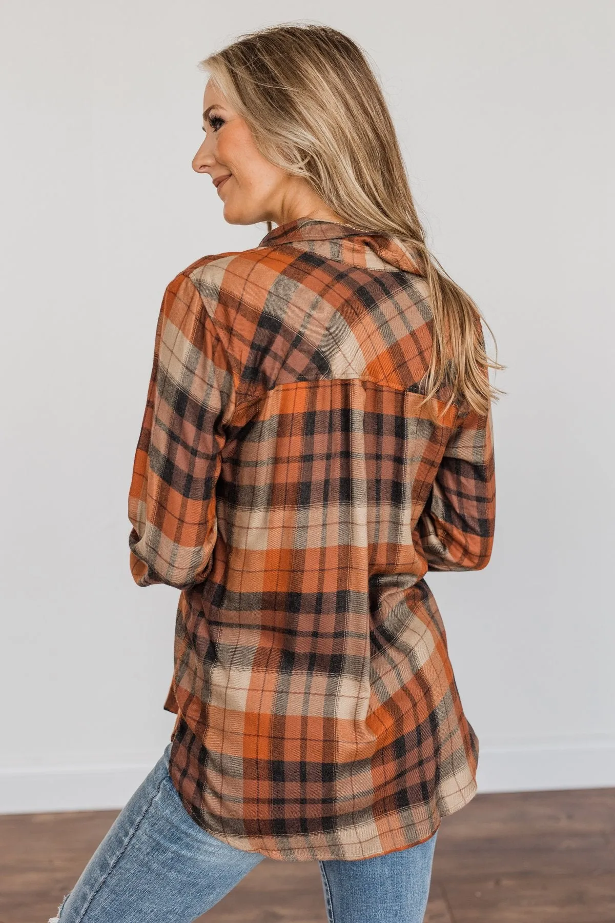 Fall Is Brewing Button Down Plaid Top- Rust & Taupe