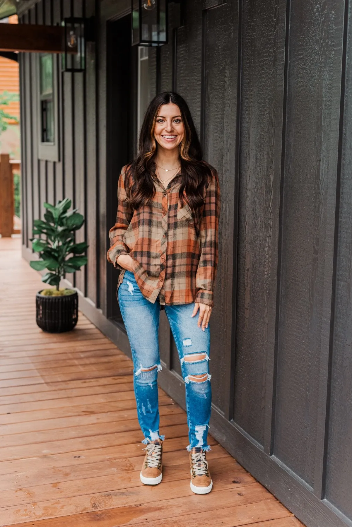 Fall Is Brewing Button Down Plaid Top- Rust & Taupe