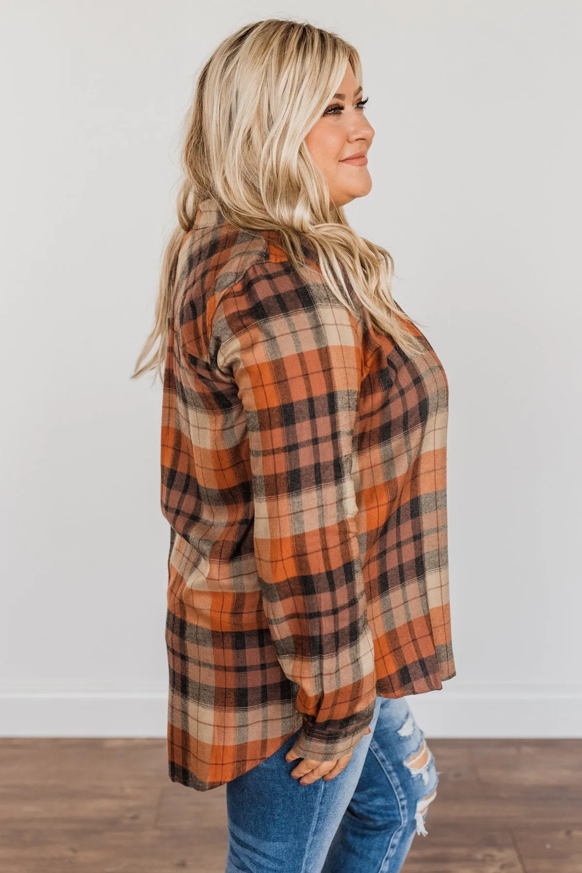 Fall Is Brewing Button Down Plaid Top- Rust & Taupe