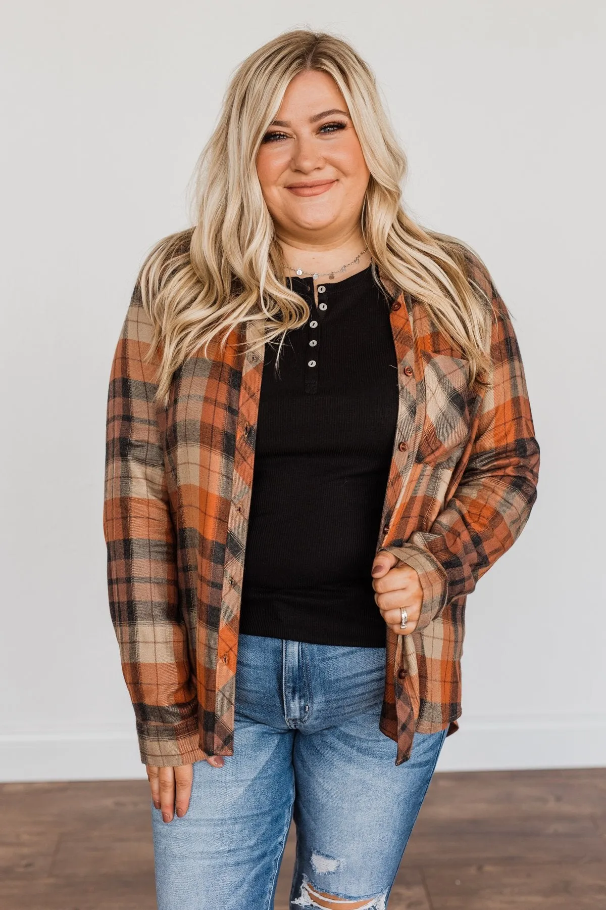 Fall Is Brewing Button Down Plaid Top- Rust & Taupe