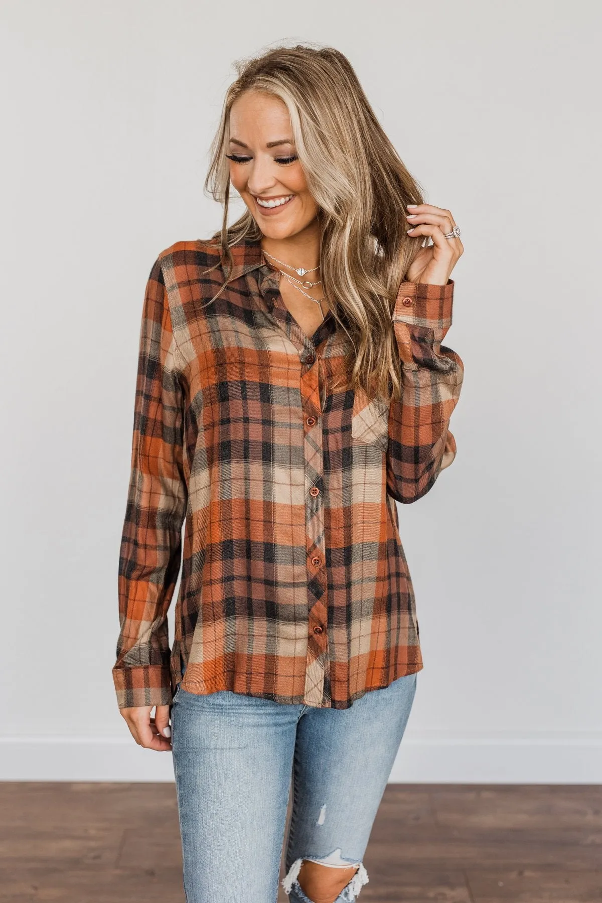 Fall Is Brewing Button Down Plaid Top- Rust & Taupe