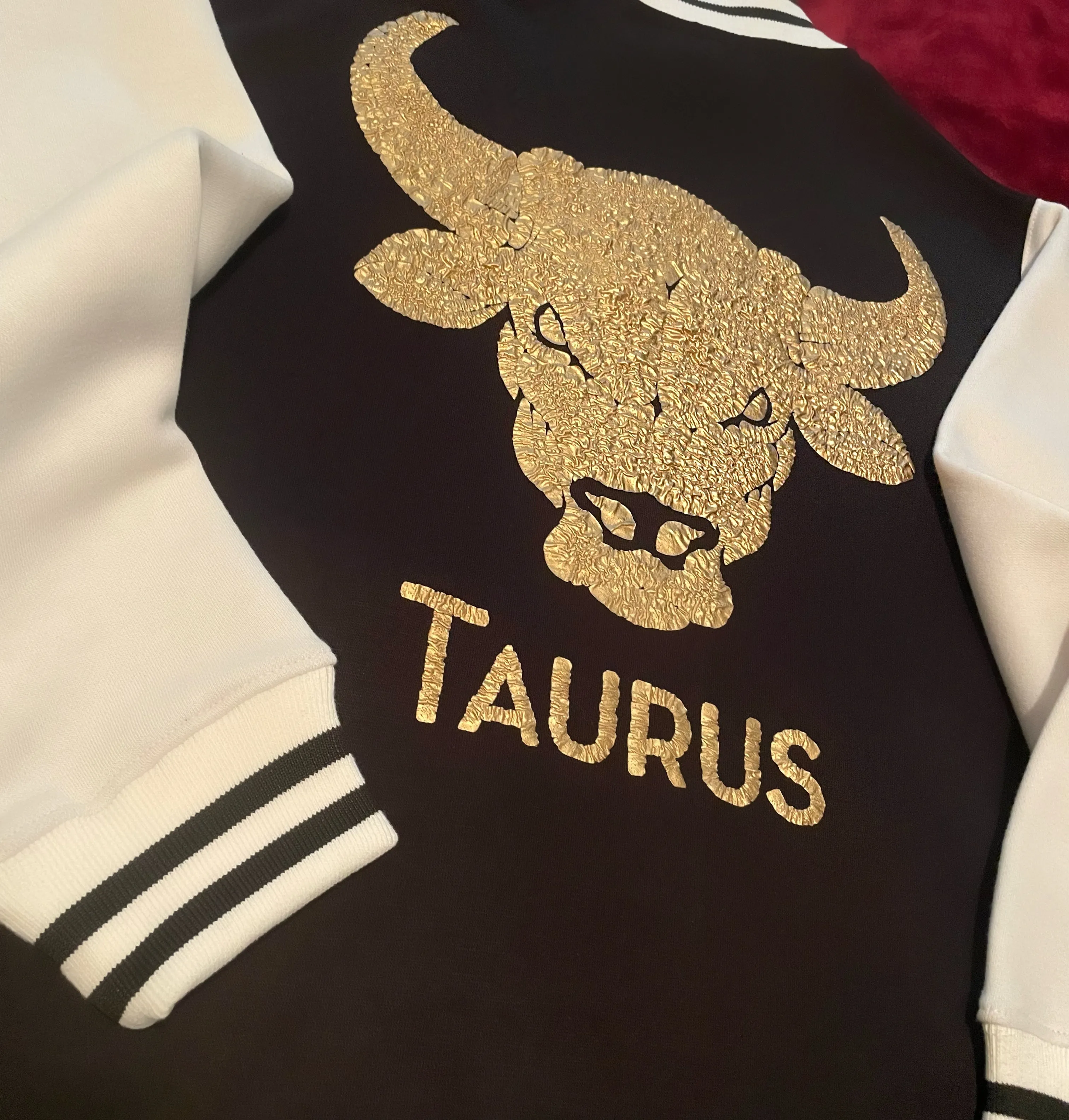 Fallon Aurielle Unisex Signature Taurus Bull Logo & Name Zodiac Jacket (Black, Antique Gold & White)