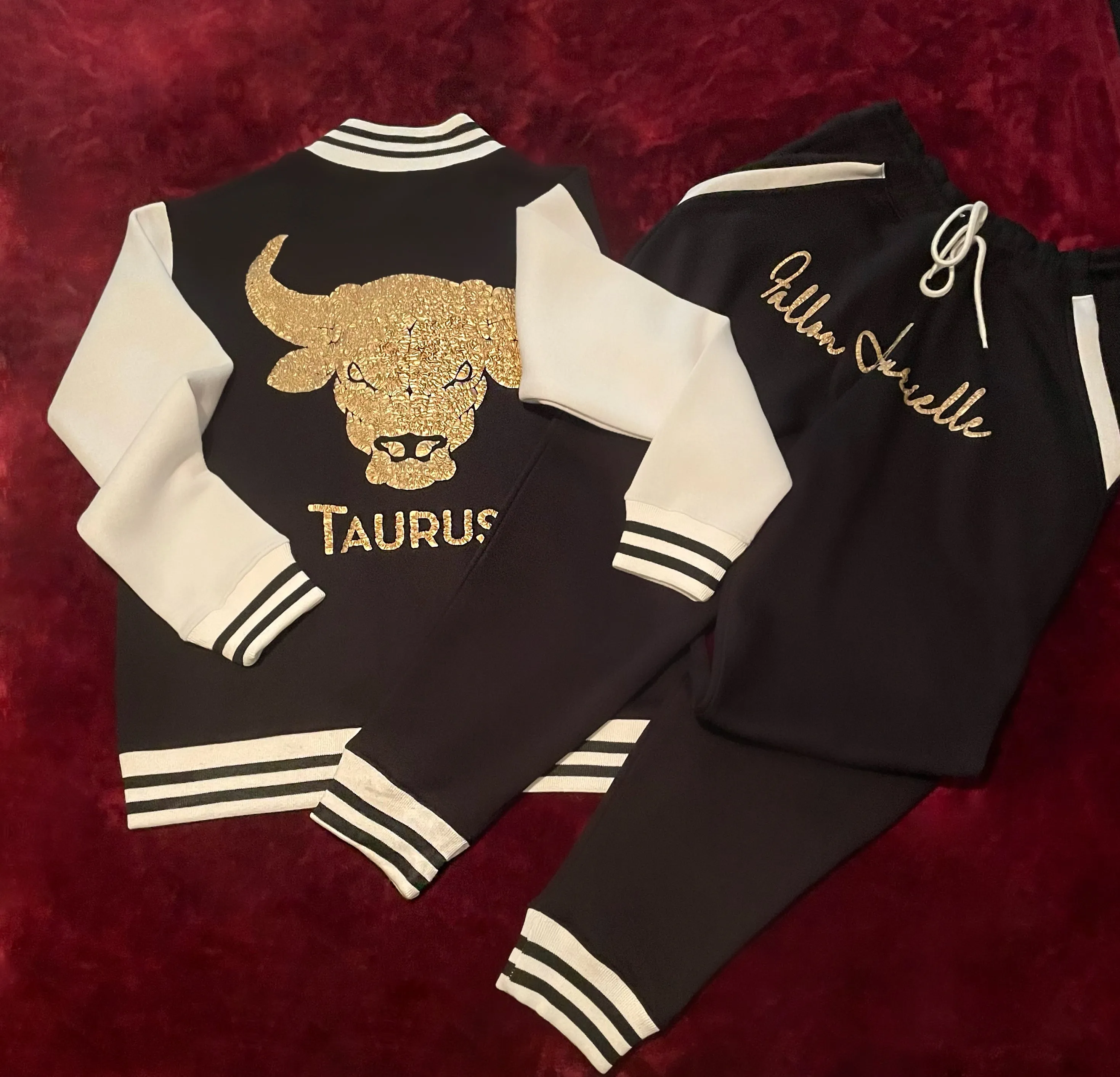 Fallon Aurielle Unisex Signature Taurus Bull Logo & Name Zodiac Jacket (Black, Antique Gold & White)