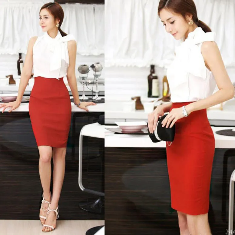 Fashion Women Slim Fitted Knee Length Straight Pencil Midi Skirt High Waist OL Career Skirts