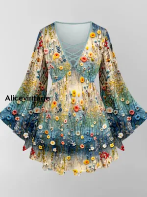 Floral Art Print V-Neck Long Sleeve Top