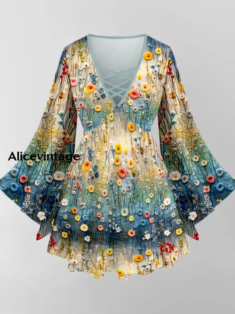 Floral Art Print V-Neck Long Sleeve Top