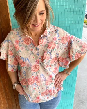 Floral Button Down Collared Double Flounce Short Slv Top