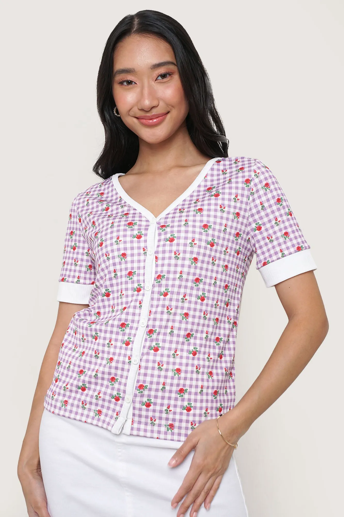 Floral Gingham Button Down Tee