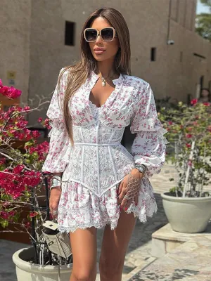 Floral Print Lace Overlay Short Dress with Ruffled Sleeves