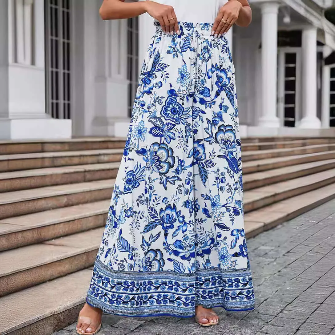 Flowers Printed Wide-leg Trousers Summer Casual Straight Pnats For Women Beach Clothing