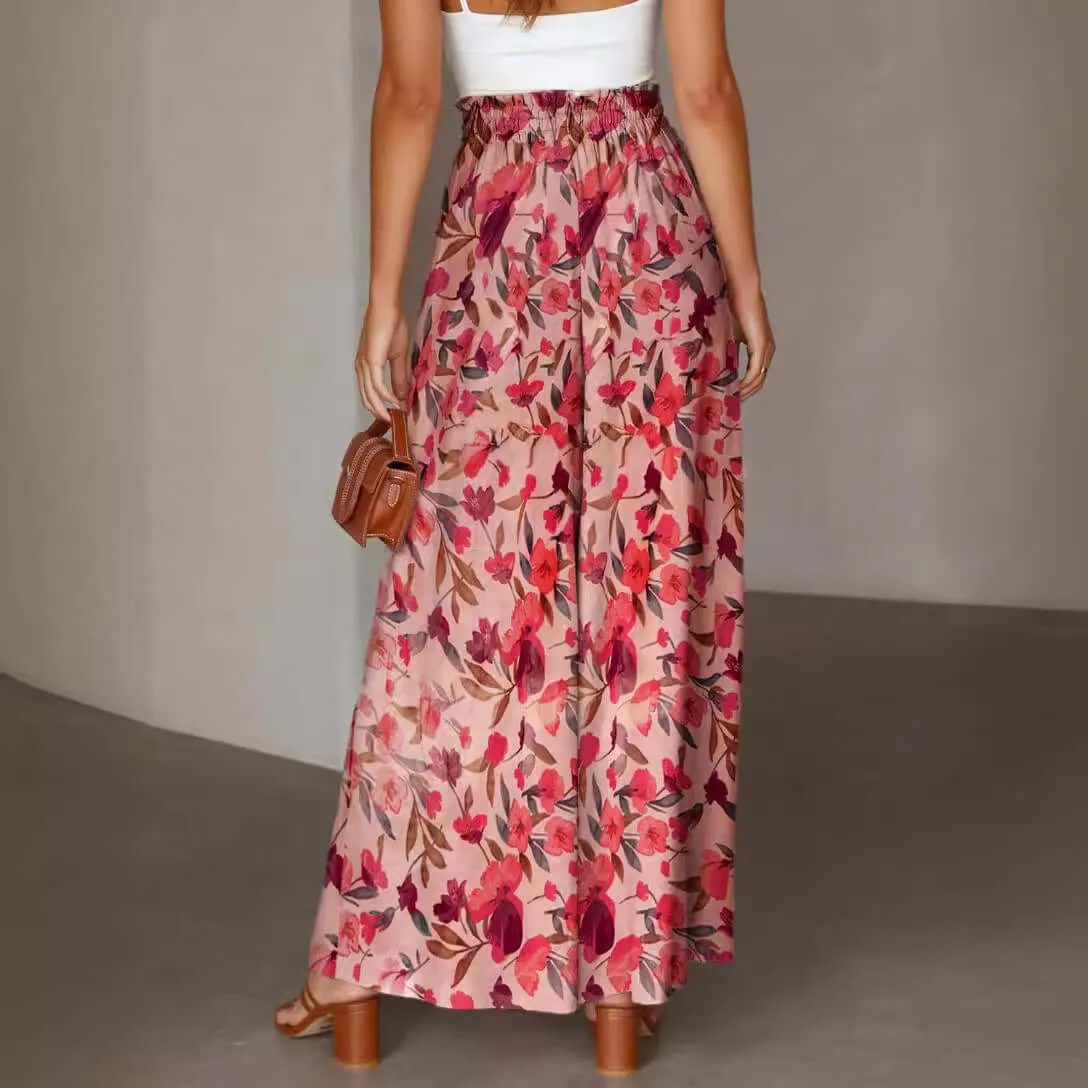 Flowers Printed Wide-leg Trousers Summer Casual Straight Pnats For Women Beach Clothing