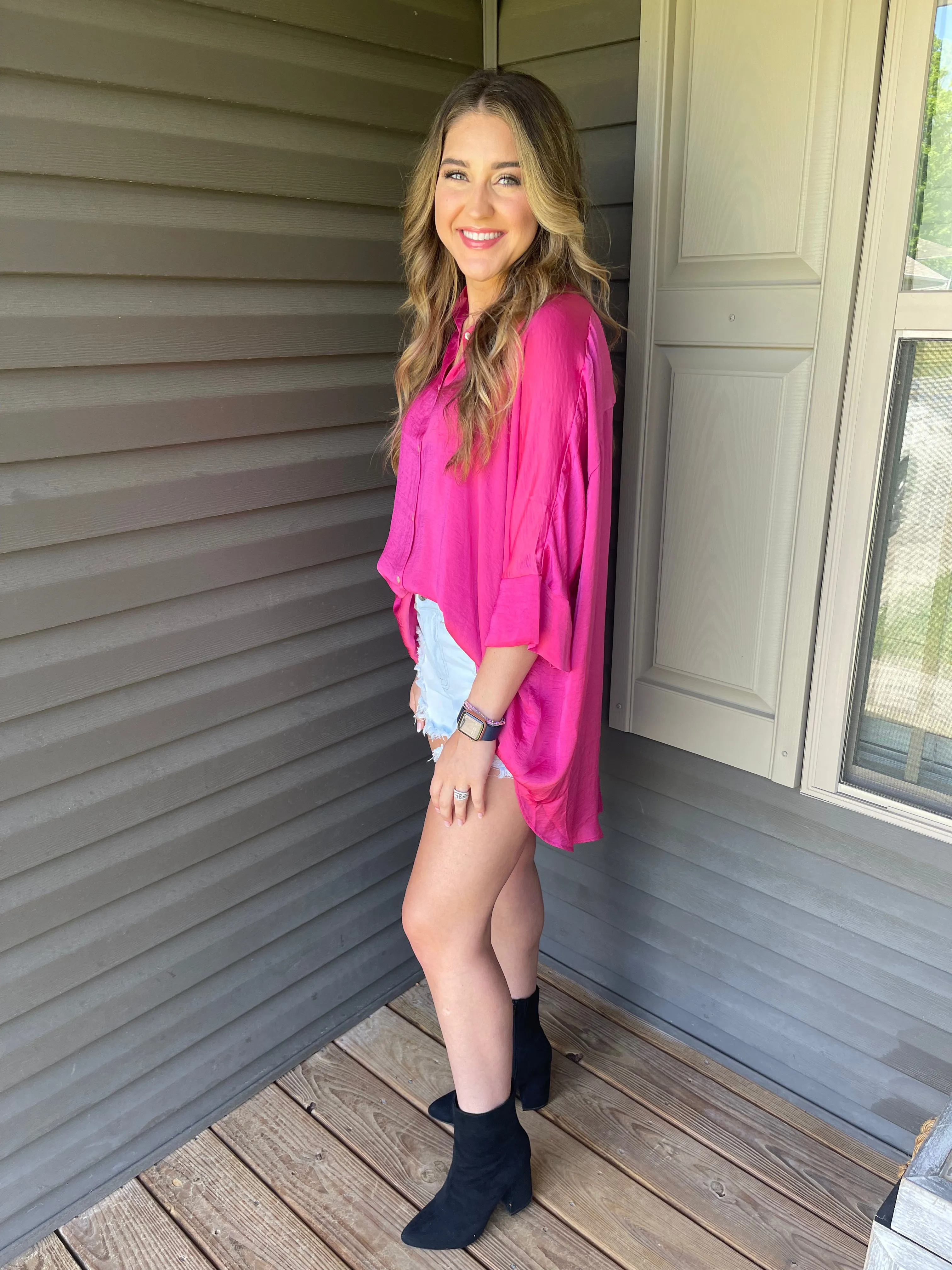 Fuchsia Satin Button Down