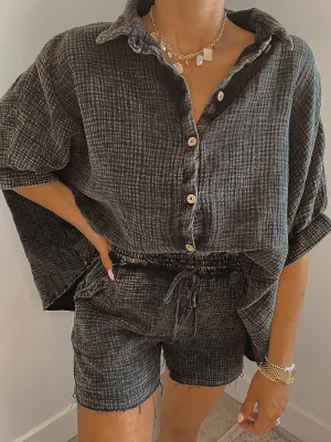 Gauze Button Down Short Sleeve - Ash Black