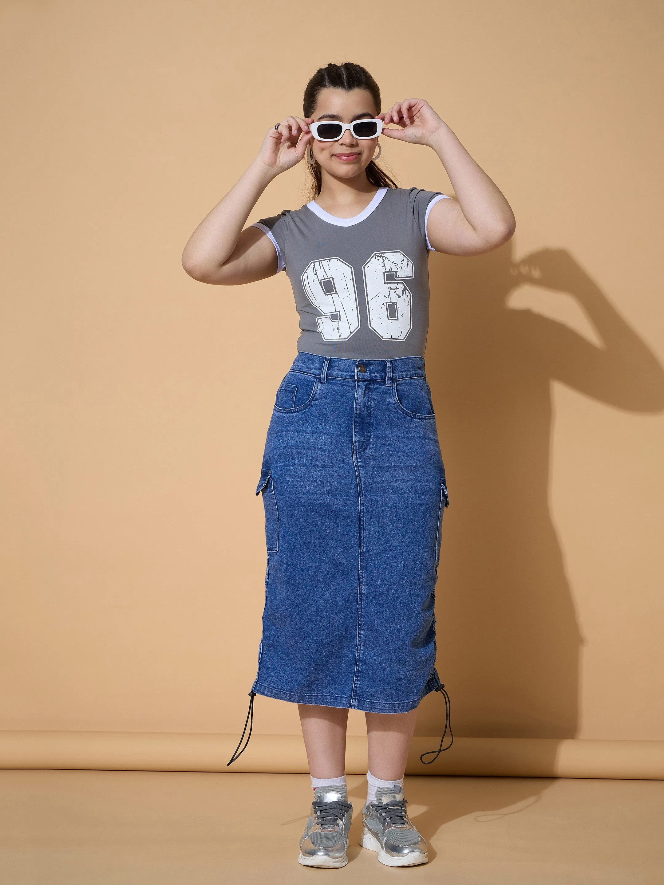Girls Blue Blast Denim Pull Hem Cargo Skirt