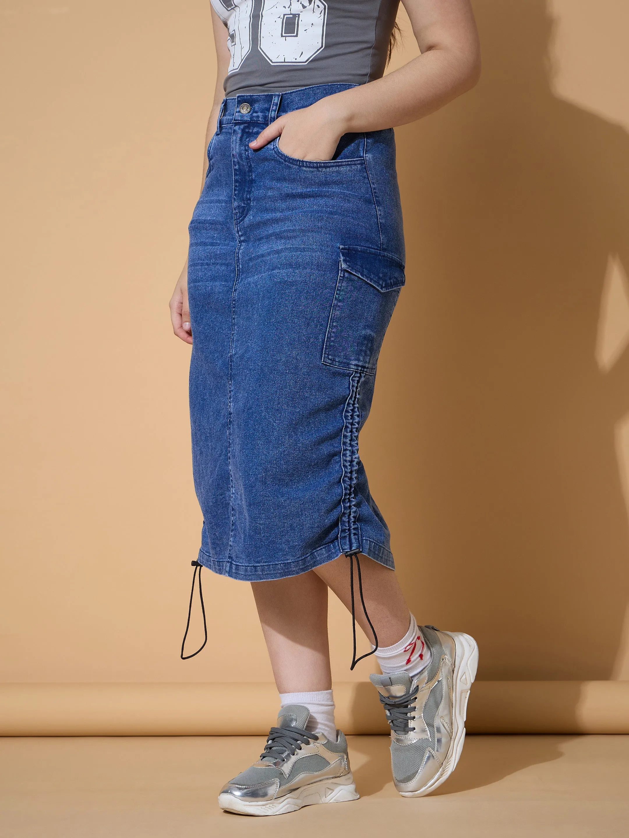 Girls Blue Blast Denim Pull Hem Cargo Skirt