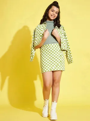 Girls Green & White Geometric Print Twill Mini Skirt