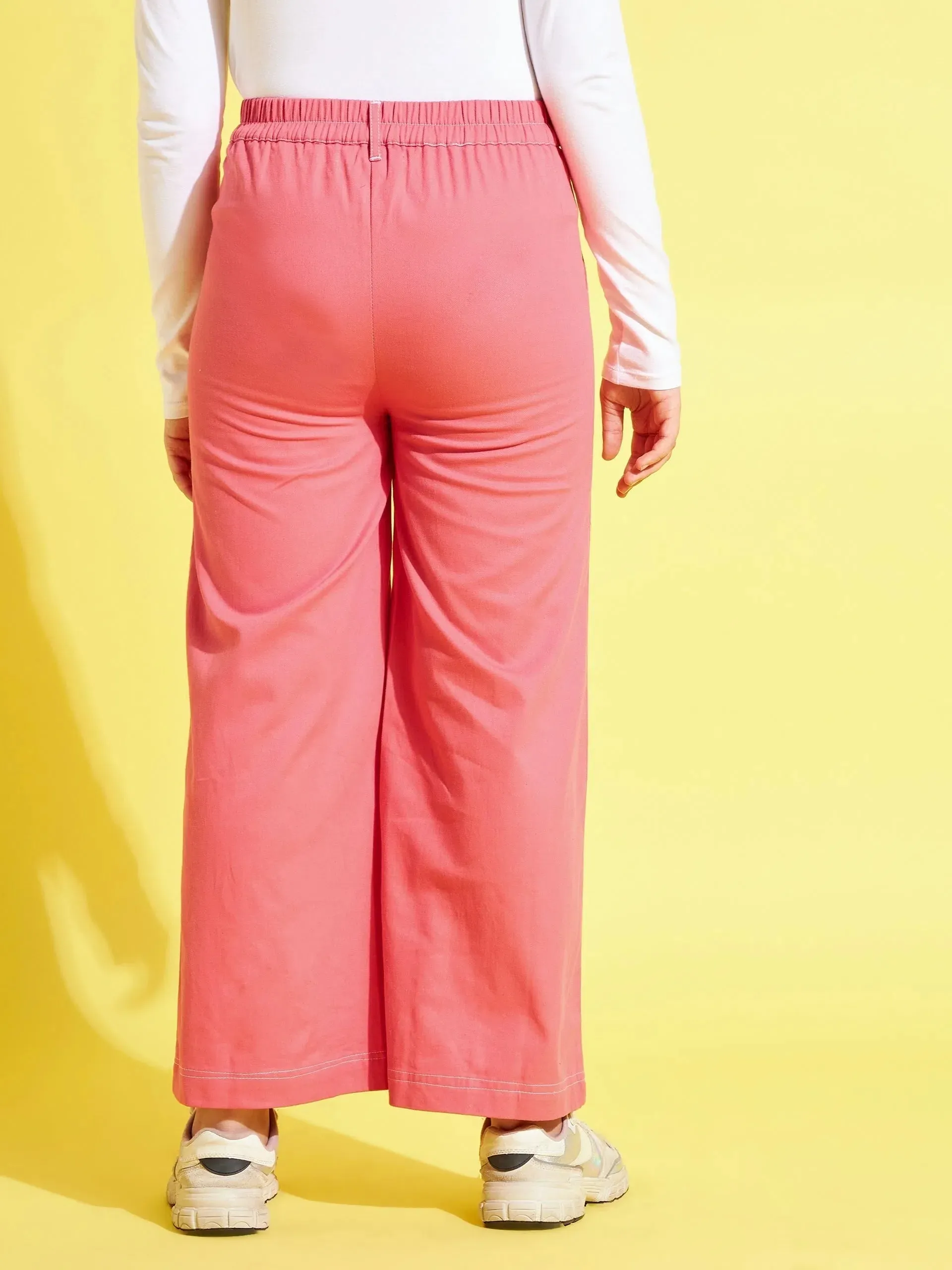 Girls Pink Contrast Thread Twill Straight Pants