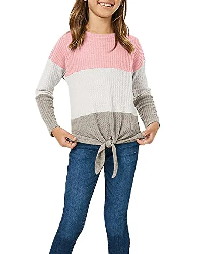 Girls Waffle Colorblock Tie Top - Pink Long Sleeve T-Shirt