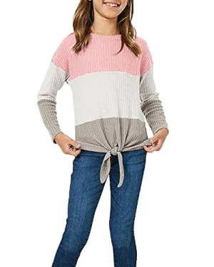 Girls Waffle Colorblock Tie Top - Pink Long Sleeve T-Shirt
