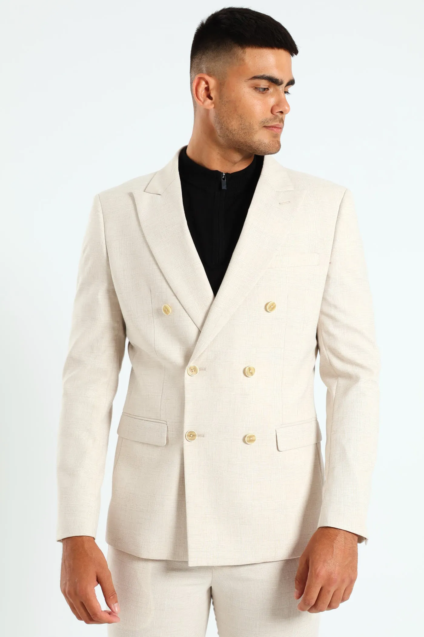 Glen Check Double Breasted Blazer - Cream
