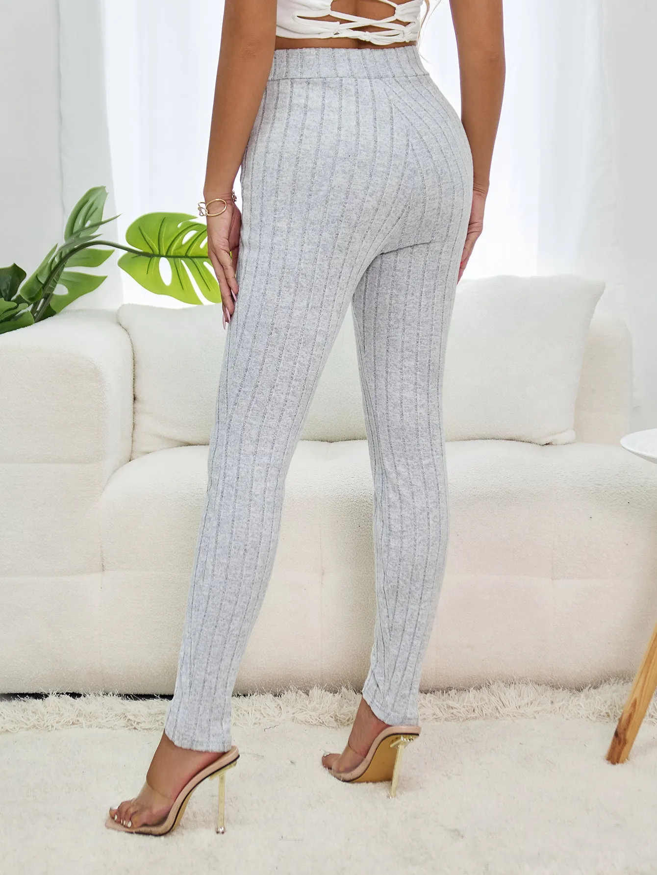 Grey Ribbed Slim Fit Pants