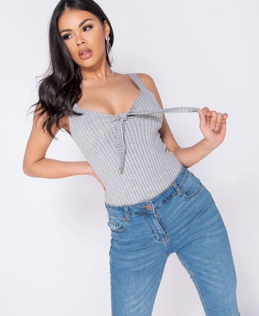 Grey Tie Front Rib Knit Bodysuit