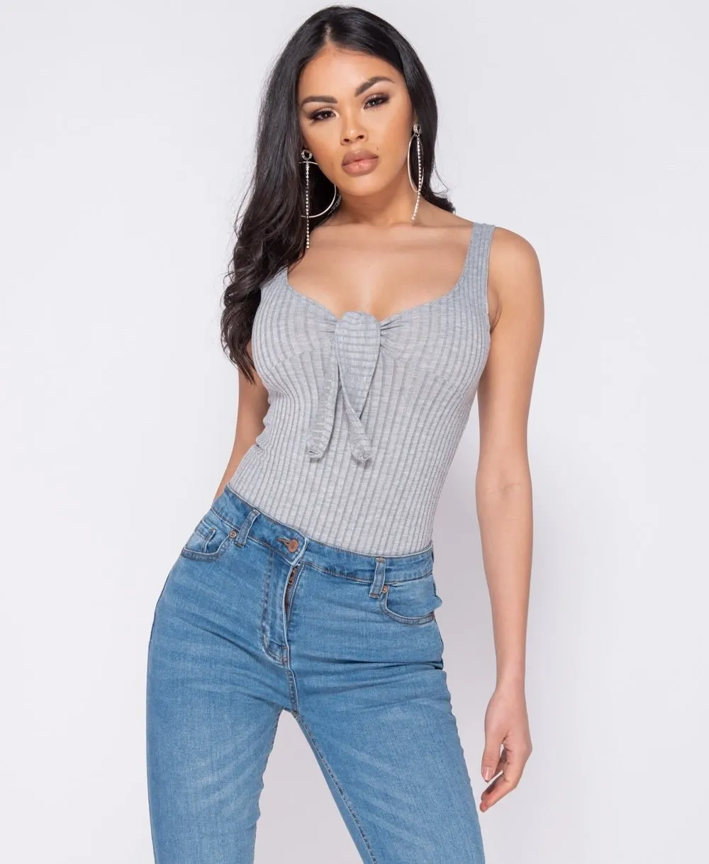 Grey Tie Front Rib Knit Bodysuit