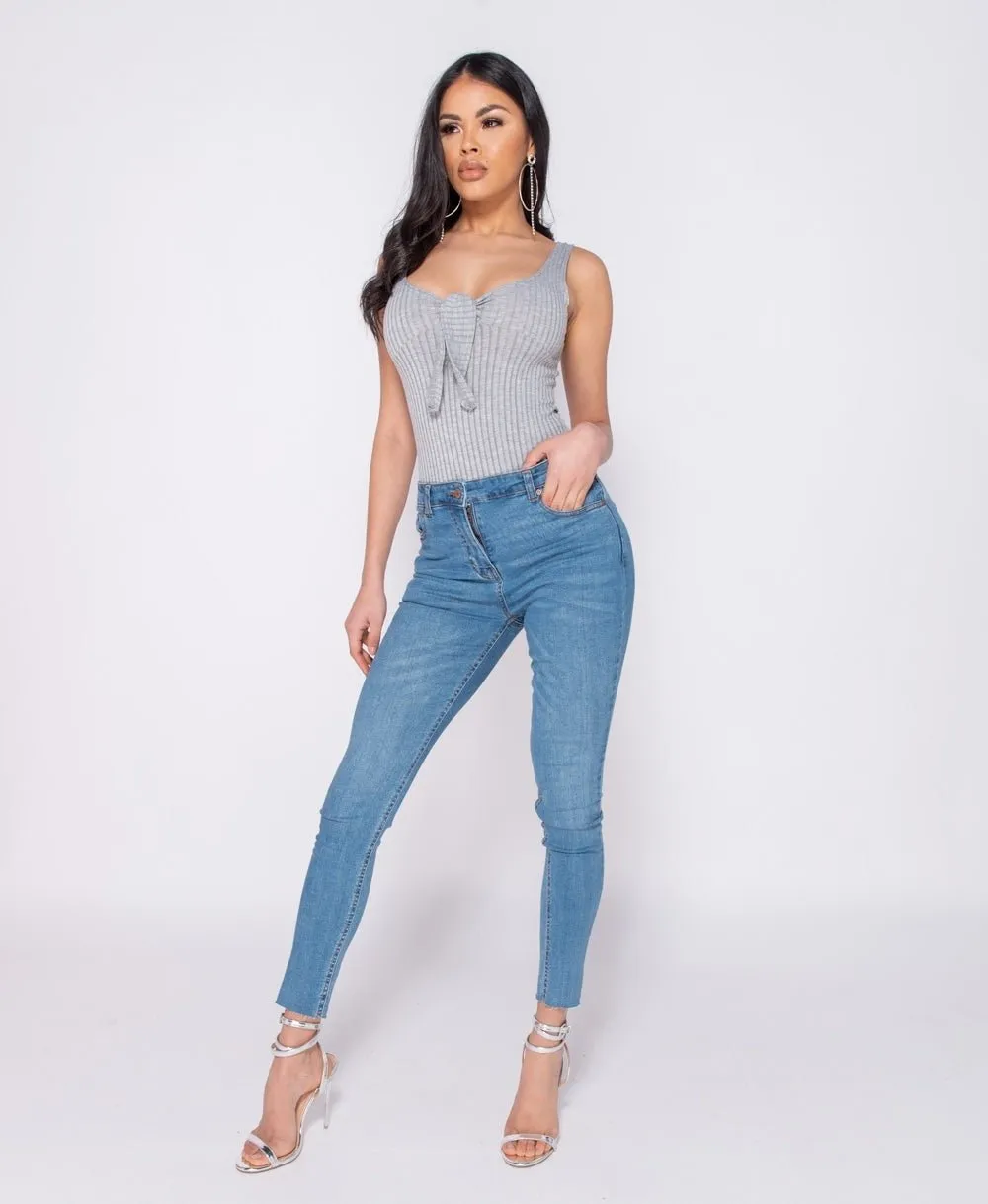 Grey Tie Front Rib Knit Bodysuit