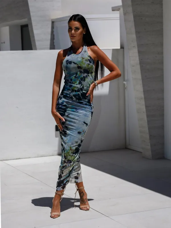 Halter Neck Camouflage Print Midi Dress with U Neck