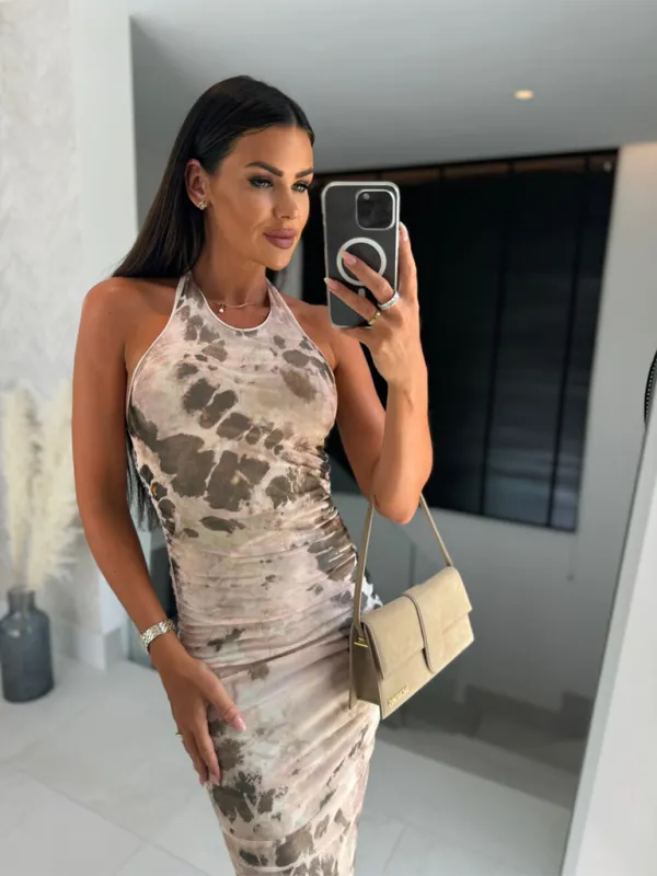 Halter Neck Camouflage Print Midi Dress with U Neck