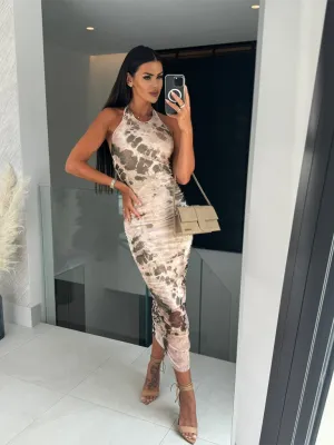 Halter Neck Camouflage Print Midi Dress with U Neck