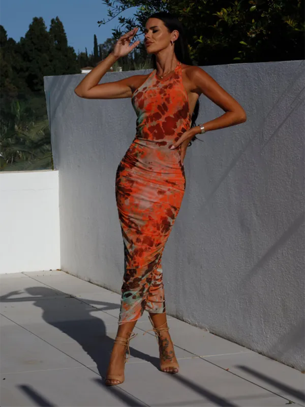 Halter Neck Camouflage Print Midi Dress with U Neck