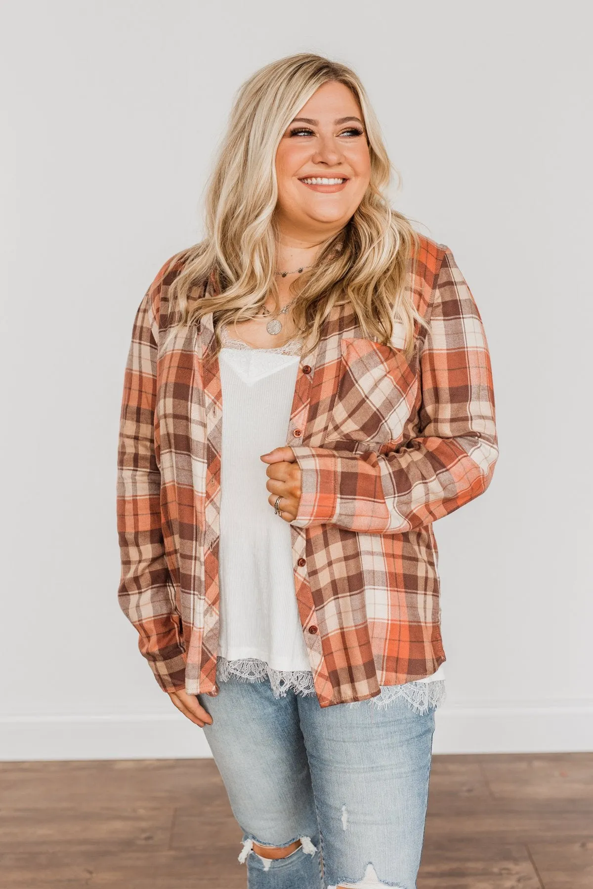 Harvest Delight Plaid Button Top- Burnt Orange & Taupe