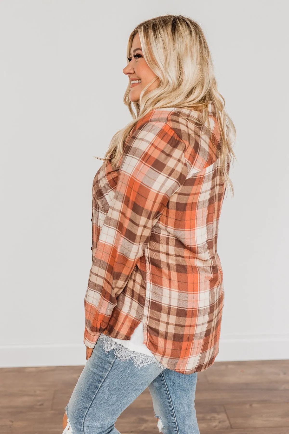 Harvest Delight Plaid Button Top- Burnt Orange & Taupe