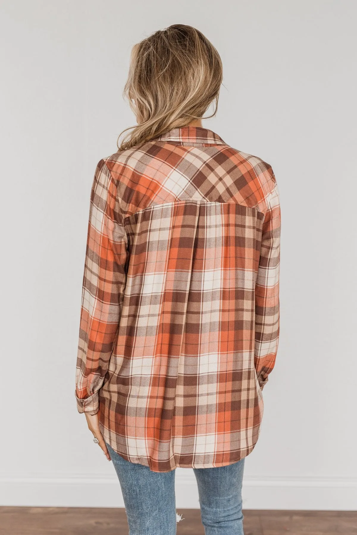 Harvest Delight Plaid Button Top- Burnt Orange & Taupe