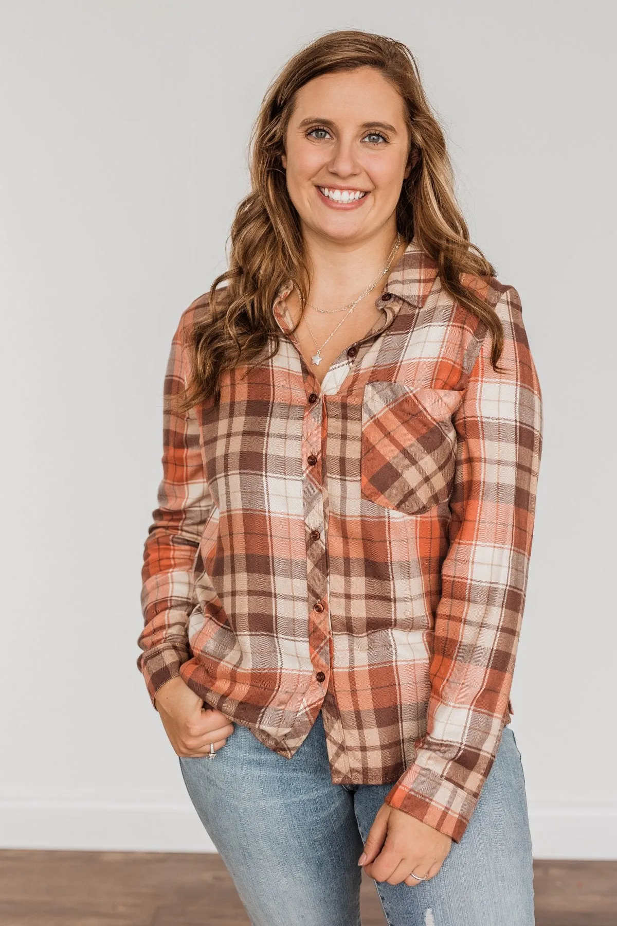 Harvest Delight Plaid Button Top- Burnt Orange & Taupe