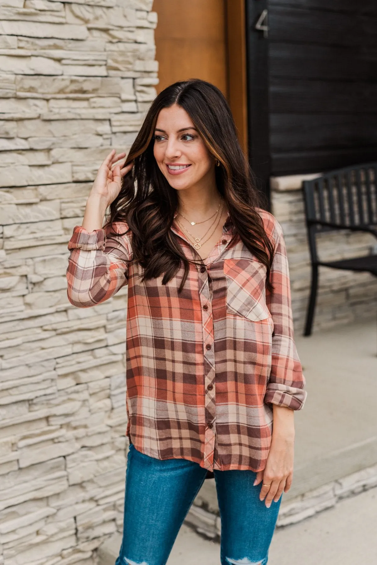 Harvest Delight Plaid Button Top- Burnt Orange & Taupe