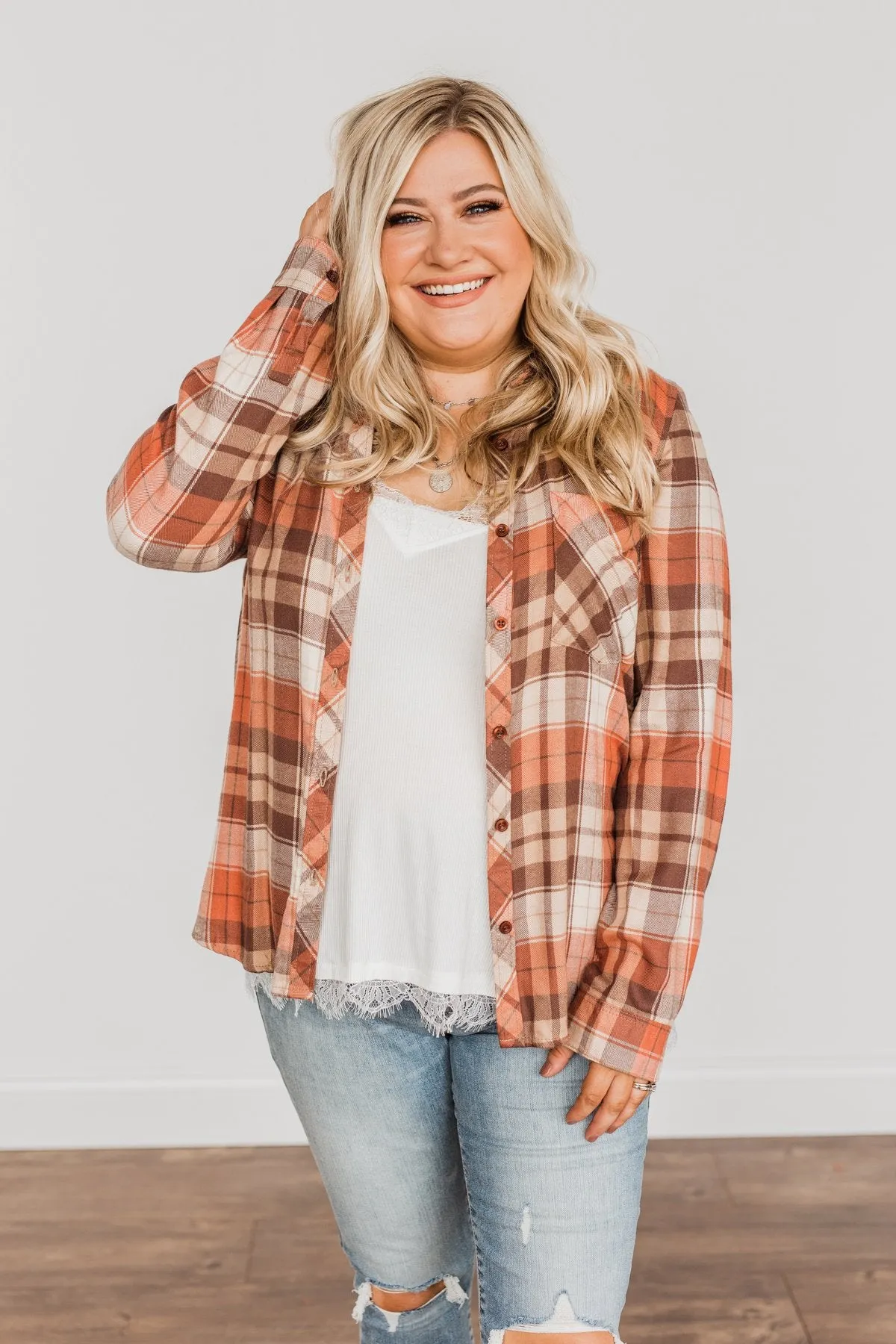 Harvest Delight Plaid Button Top- Burnt Orange & Taupe