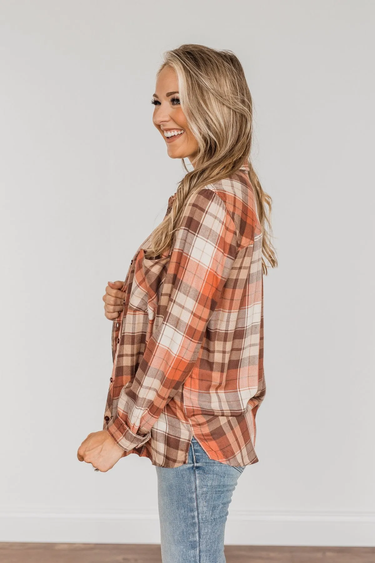 Harvest Delight Plaid Button Top- Burnt Orange & Taupe