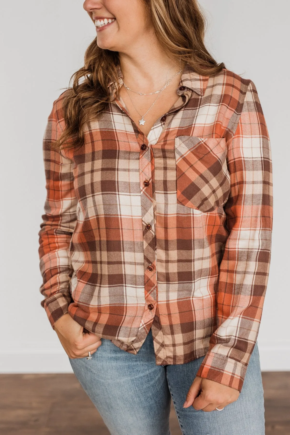 Harvest Delight Plaid Button Top- Burnt Orange & Taupe