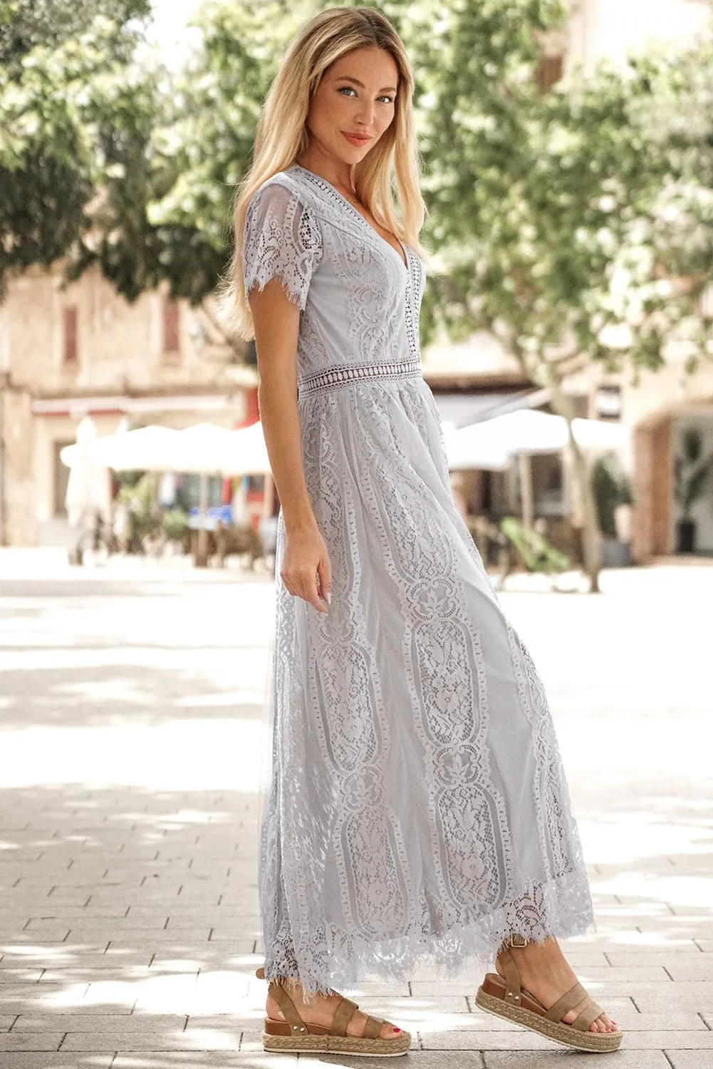 Hazel Blues® |  Scalloped Trim Lace Plunge Dress