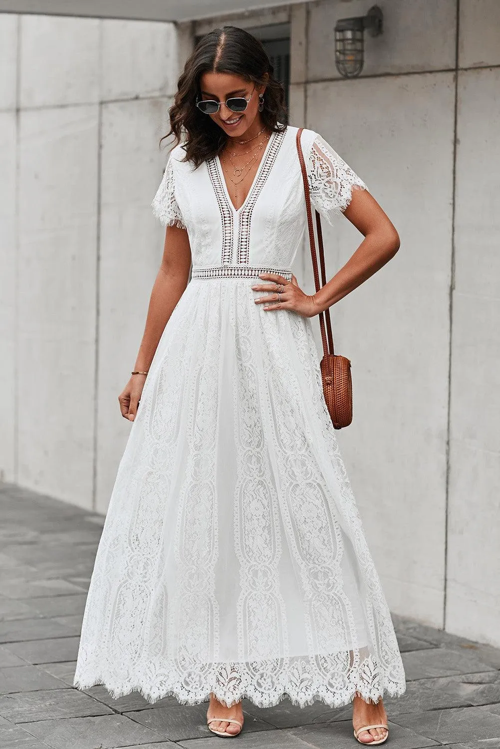 Hazel Blues® |  Scalloped Trim Lace Plunge Dress