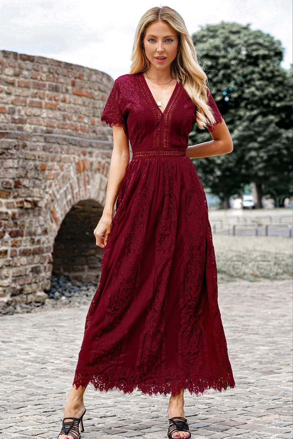 Hazel Blues® |  Scalloped Trim Lace Plunge Dress