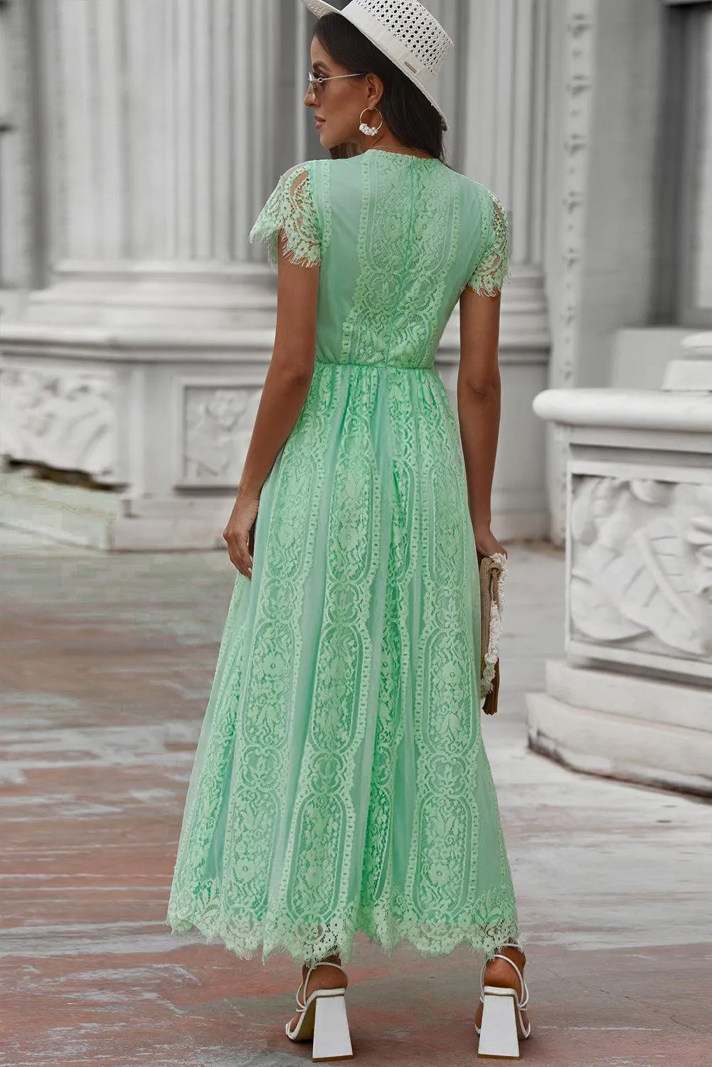 Hazel Blues® |  Scalloped Trim Lace Plunge Dress