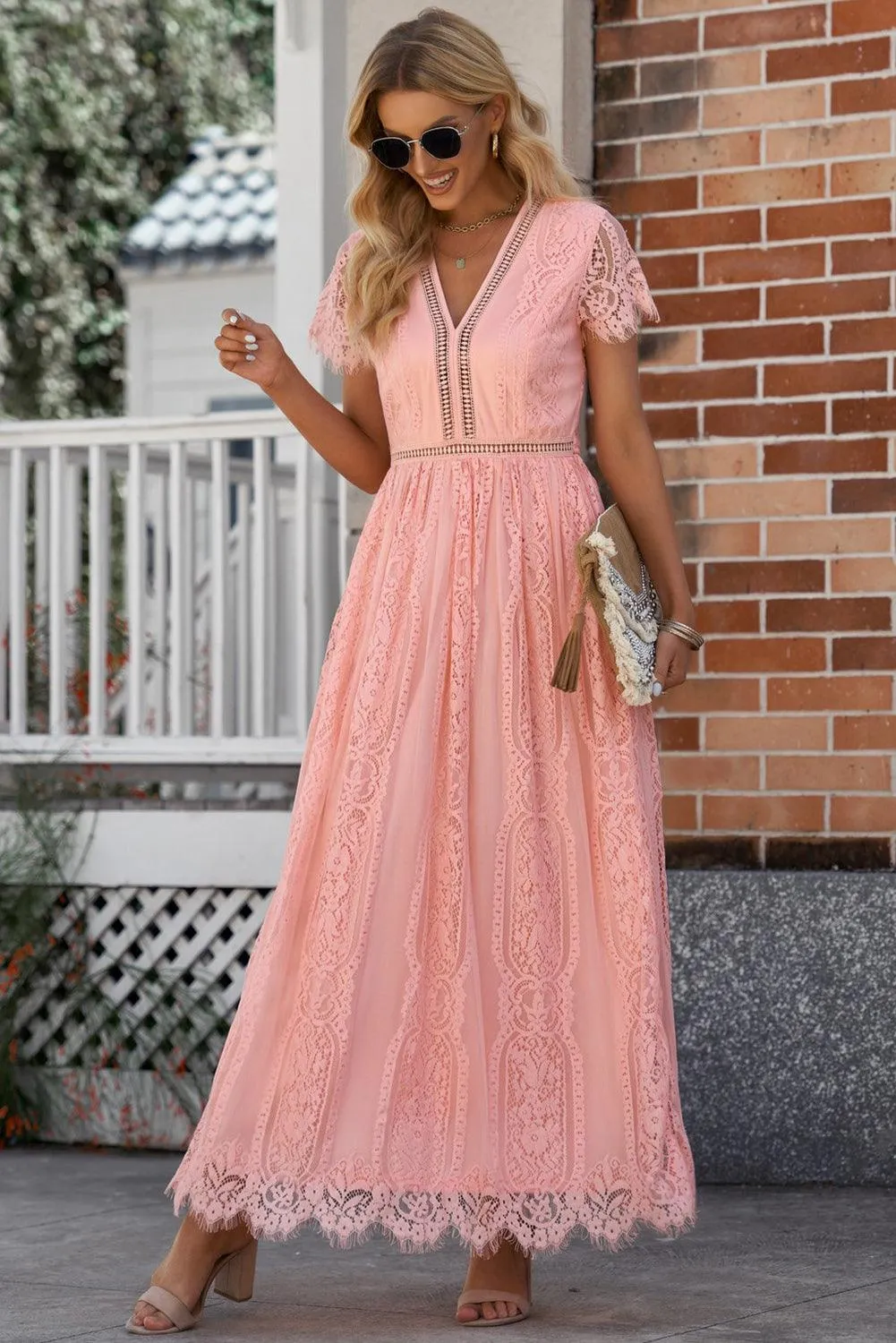 Hazel Blues® |  Scalloped Trim Lace Plunge Dress