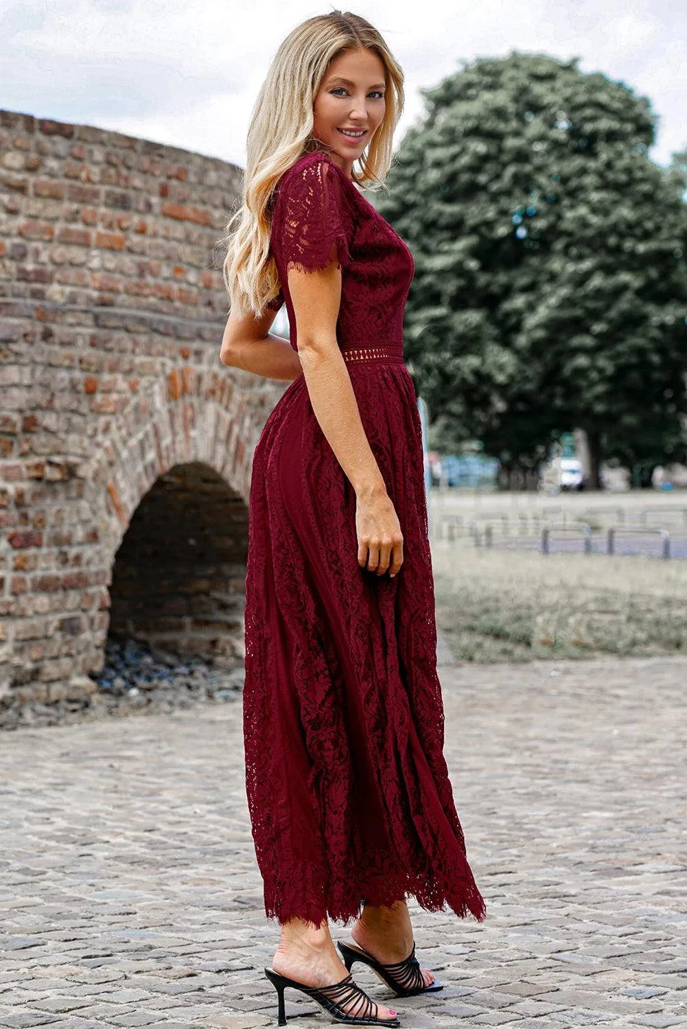 Hazel Blues® |  Scalloped Trim Lace Plunge Dress