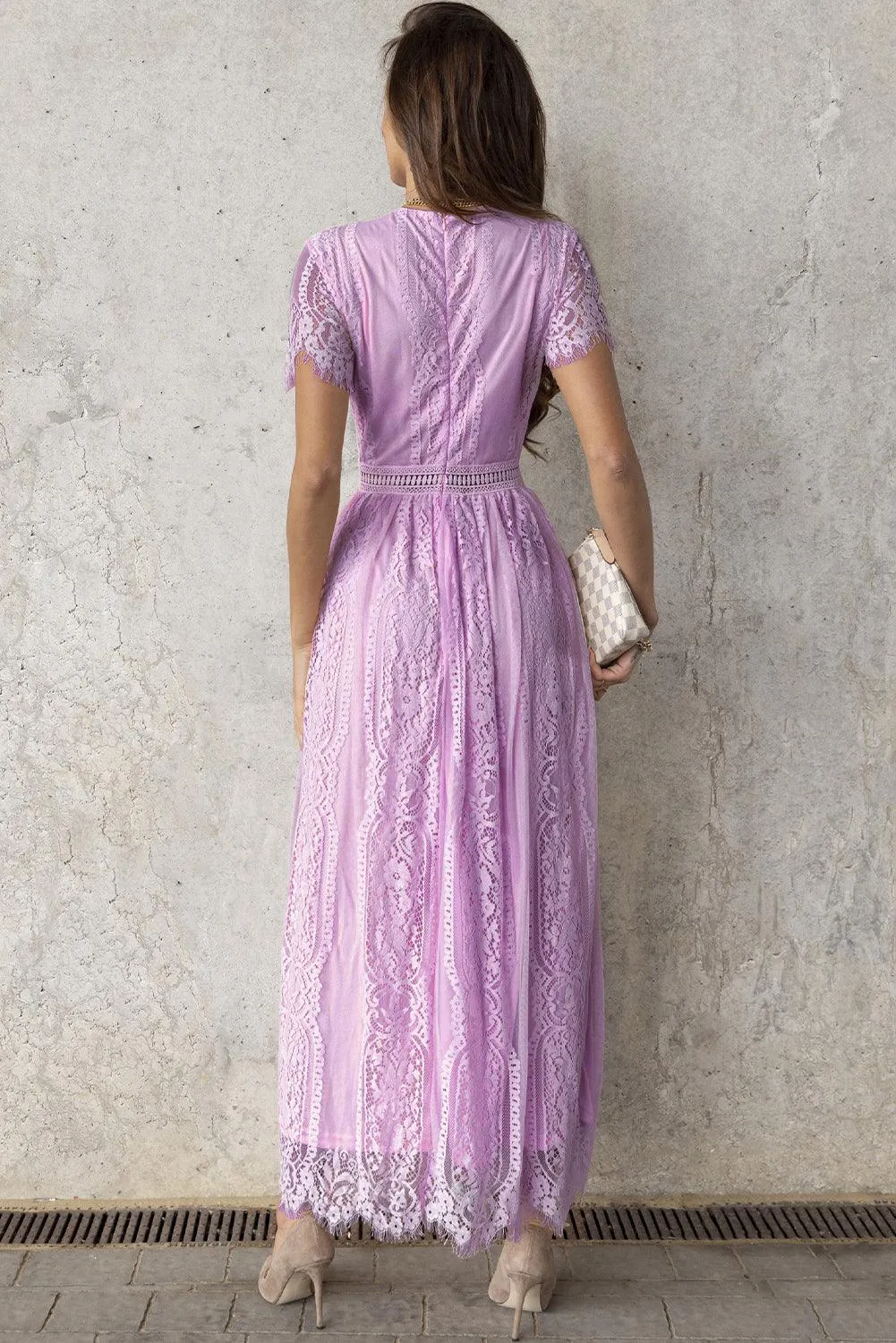 Hazel Blues® |  Scalloped Trim Lace Plunge Dress
