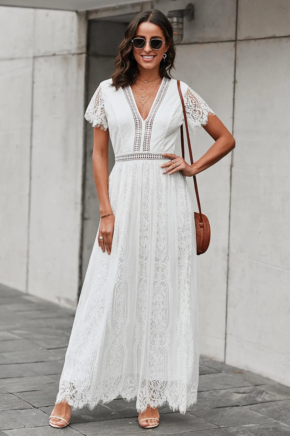 Hazel Blues® |  Scalloped Trim Lace Plunge Dress